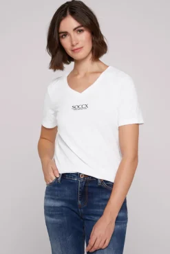 Clearance CAMP DAVID & SOCCX Basic T-Shirt mit V-Ausschnitt und Logo opticwhite