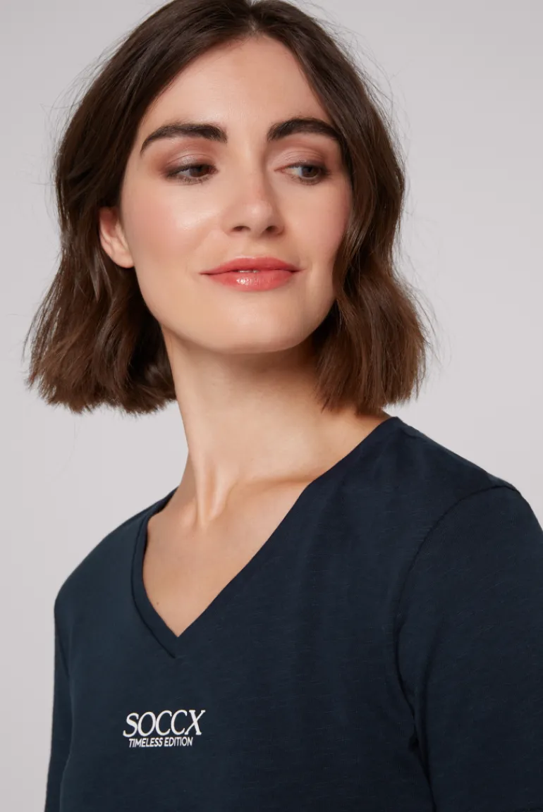 Best Sale CAMP DAVID & SOCCX Basic T-Shirt mit V-Ausschnitt und Logo blue navy bluenavy