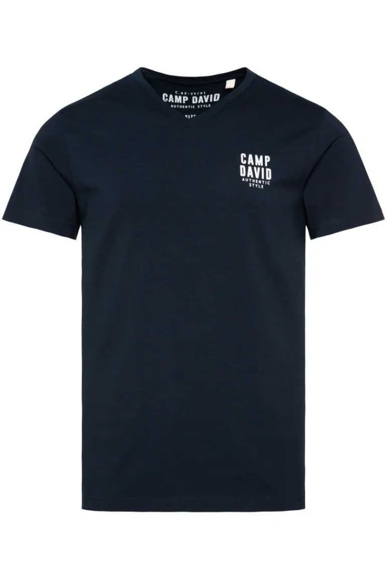 Shop CAMP DAVID & SOCCX Basic T-Shirt V-Neck mit Logo Print blue navy bluenavy