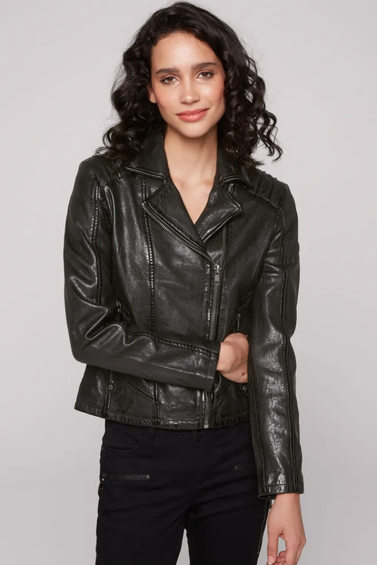Best Sale CAMP DAVID & SOCCX Bikerjacke aus Leder im Vintage Look black