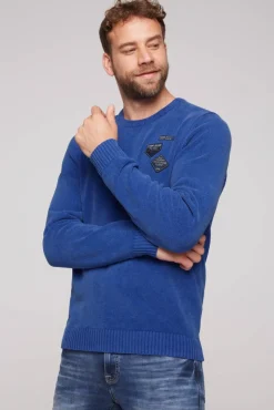 Outlet CAMP DAVID & SOCCX Chenille-Pullover Stone Washed mit Patches strong blue strongblue