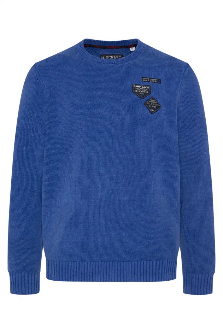 Outlet CAMP DAVID & SOCCX Chenille-Pullover Stone Washed mit Patches strong blue strongblue