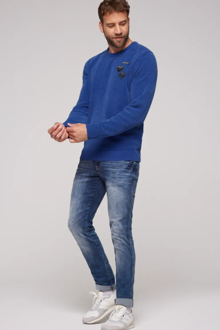Outlet CAMP DAVID & SOCCX Chenille-Pullover Stone Washed mit Patches strong blue strongblue