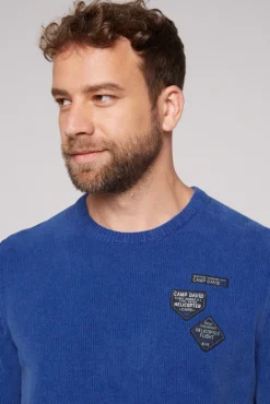 Outlet CAMP DAVID & SOCCX Chenille-Pullover Stone Washed mit Patches strong blue strongblue