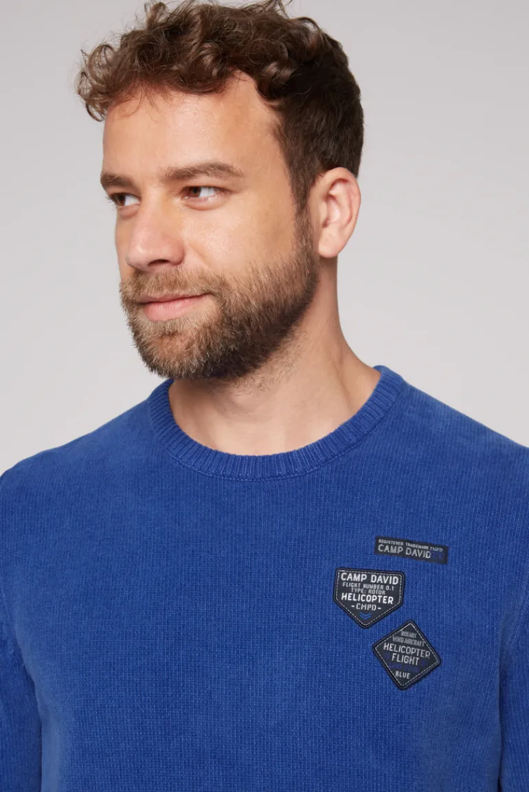 Outlet CAMP DAVID & SOCCX Chenille-Pullover Stone Washed mit Patches strong blue strongblue