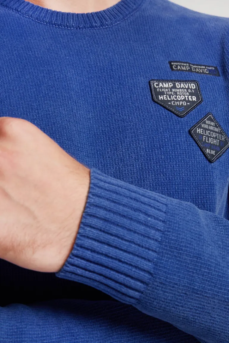 Outlet CAMP DAVID & SOCCX Chenille-Pullover Stone Washed mit Patches strong blue strongblue