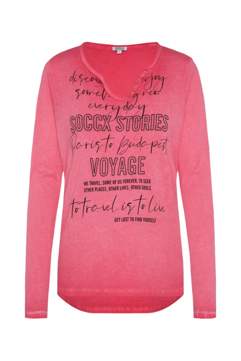 Cheap CAMP DAVID & SOCCX Henley-Shirt mit Wording Glitter Print pinky red pinkyred