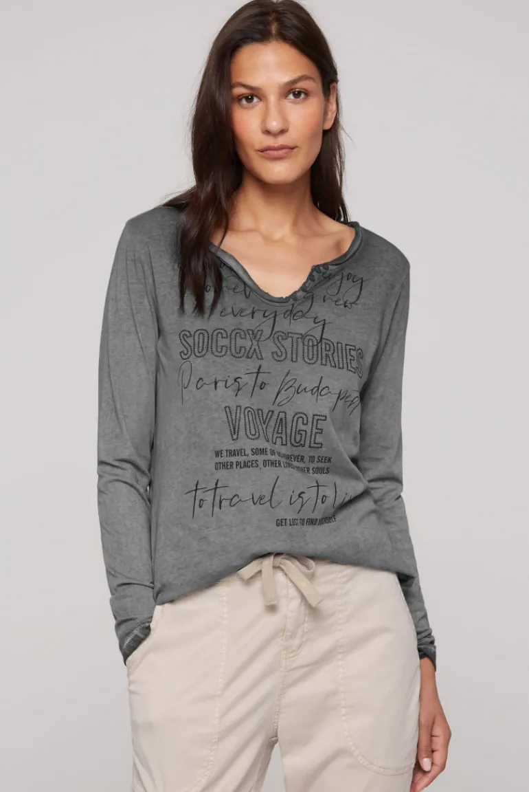Cheap CAMP DAVID & SOCCX Henley-Shirt mit Wording Glitter Print black