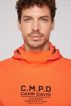 Sale CAMP DAVID & SOCCX Hoodie im Materialmix mit Artwork und Rückentasche signal orange signalorange