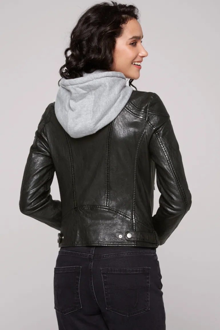 Cheap CAMP DAVID & SOCCX Lederjacke im Biker-Stil mit Kapuzeneinsatz black
