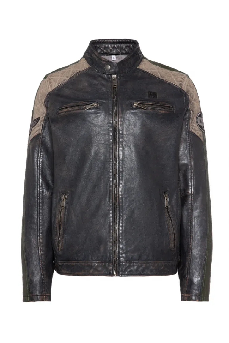 Clearance CAMP DAVID & SOCCX Lederjacke im Racing-Stil mit Patches navy