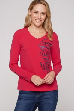 Cheap CAMP DAVID & SOCCX Longsleeve mit V-Ausschnitt und Glitter-Puff-Prints clear red clearred