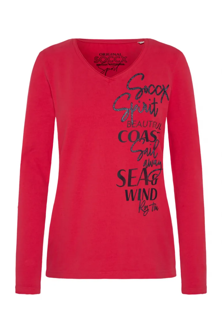 Cheap CAMP DAVID & SOCCX Longsleeve mit V-Ausschnitt und Glitter-Puff-Prints clear red clearred