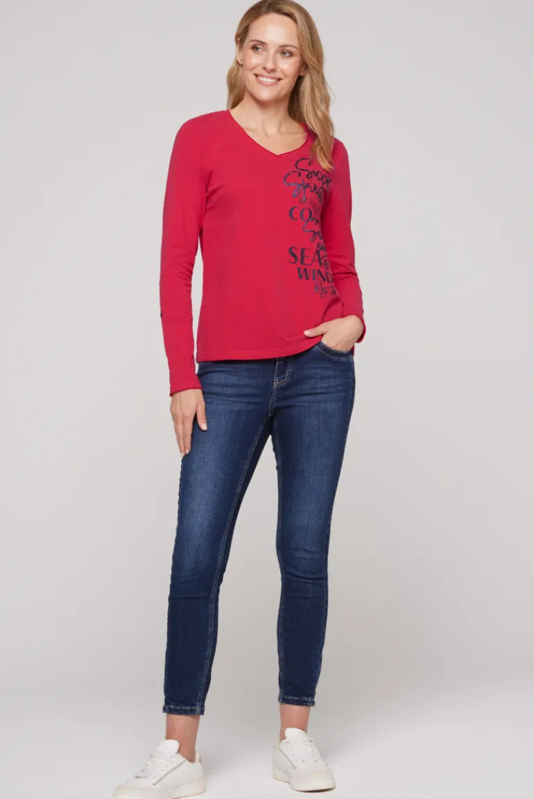 Cheap CAMP DAVID & SOCCX Longsleeve mit V-Ausschnitt und Glitter-Puff-Prints clear red clearred
