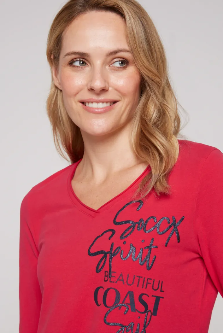 Cheap CAMP DAVID & SOCCX Longsleeve mit V-Ausschnitt und Glitter-Puff-Prints clear red clearred