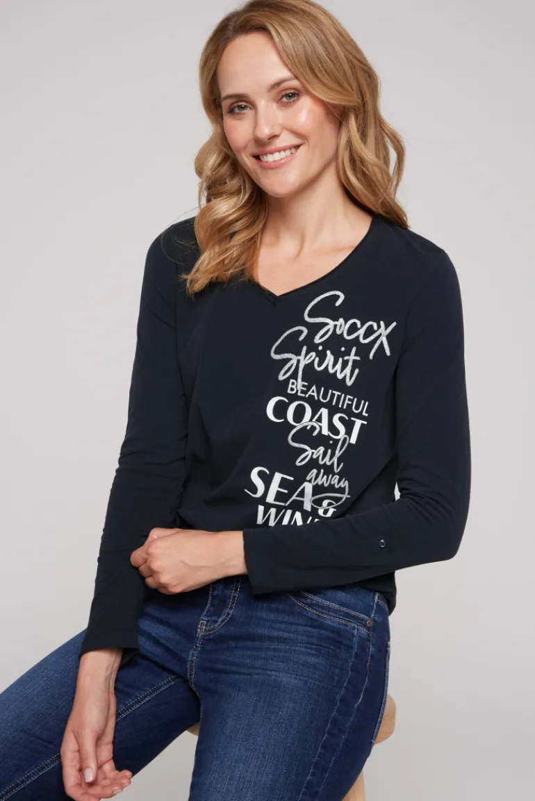 Discount CAMP DAVID & SOCCX Longsleeve mit V-Ausschnitt und Glitter-Puff-Prints blue navy bluenavy