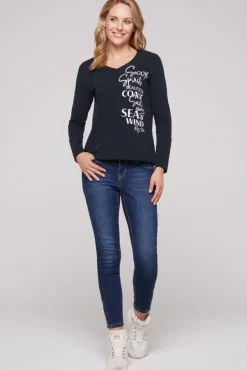 Discount CAMP DAVID & SOCCX Longsleeve mit V-Ausschnitt und Glitter-Puff-Prints blue navy bluenavy