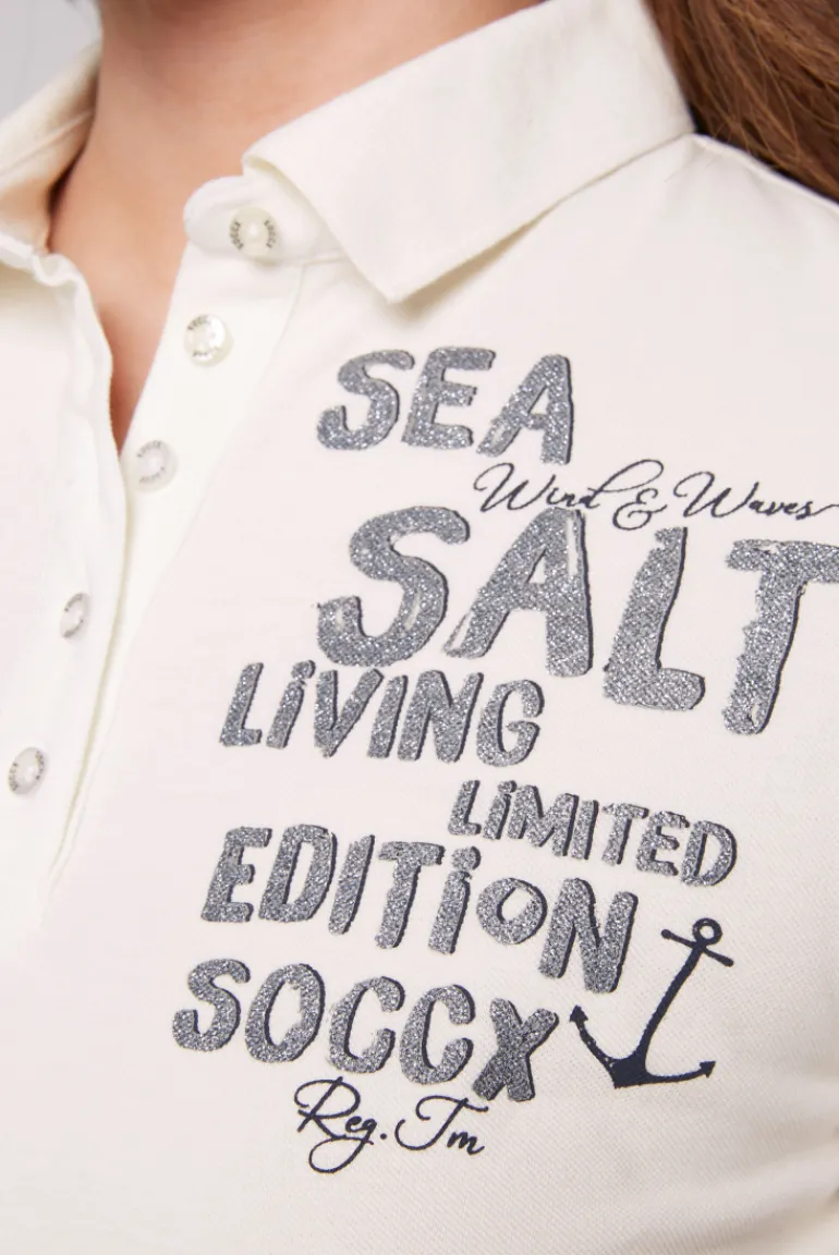 New CAMP DAVID & SOCCX Poloshirt aus Pikee mit Glitter Print ivory