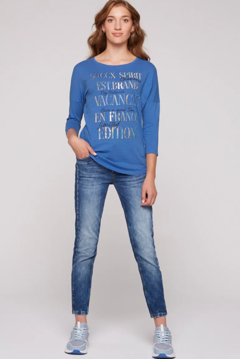 Fashion CAMP DAVID & SOCCX Shirt mit 3/4-Ärmeln und buntem Wording Print vividblue