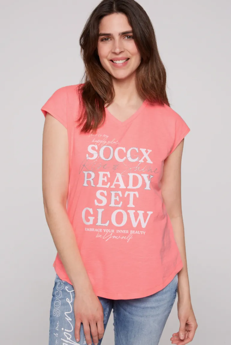 Best Sale CAMP DAVID & SOCCX Shirt mit V-Ausschnitt und Wording Print neon pink neonpink