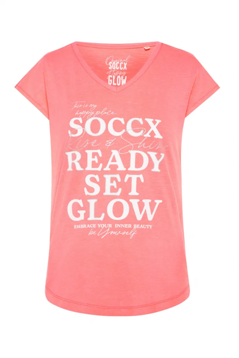 Best Sale CAMP DAVID & SOCCX Shirt mit V-Ausschnitt und Wording Print neon pink neonpink