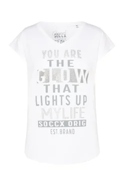 Best Sale CAMP DAVID & SOCCX Shirt mit V-Ausschnitt und Wording Print opticwhite