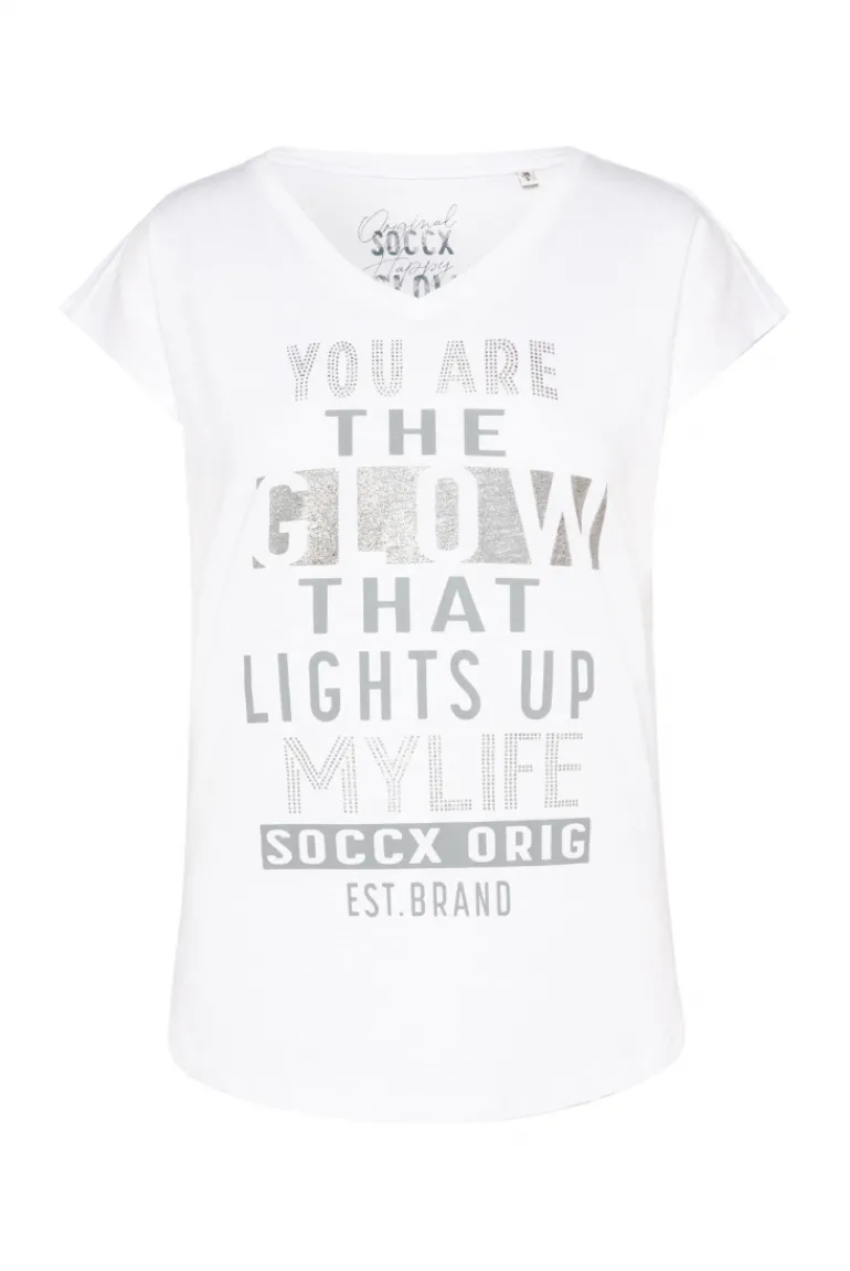 Best Sale CAMP DAVID & SOCCX Shirt mit V-Ausschnitt und Wording Print opticwhite
