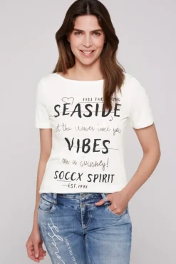 Best CAMP DAVID & SOCCX T-Shirt mit U-Boot-Ausschnitt und Wording Print ivory