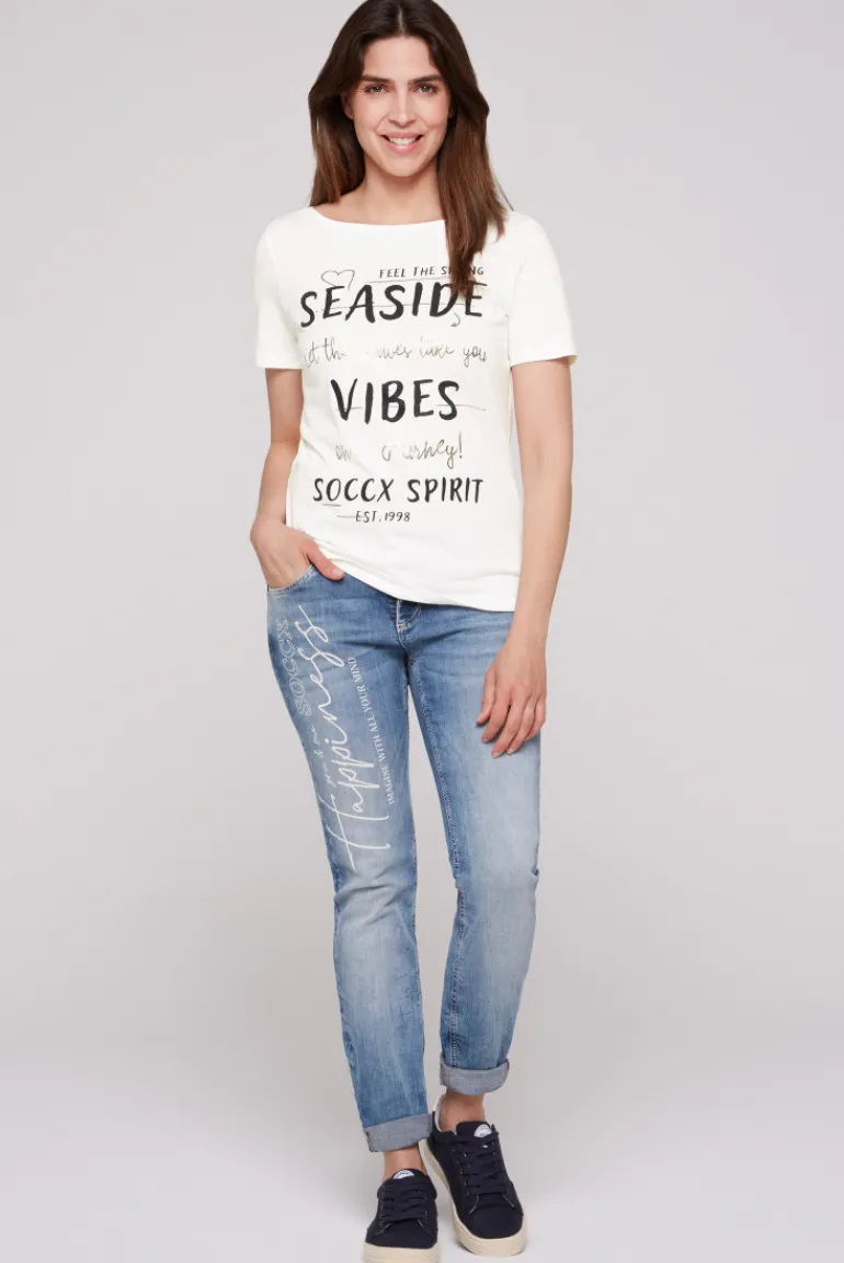 Best CAMP DAVID & SOCCX T-Shirt mit U-Boot-Ausschnitt und Wording Print ivory