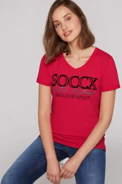Outlet CAMP DAVID & SOCCX T-Shirt mit V-Ausschnitt und Glitter Print clear red clearred