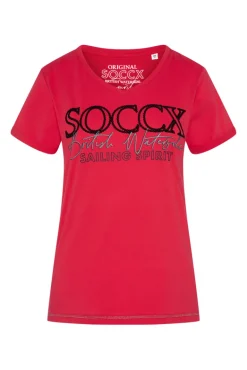 Outlet CAMP DAVID & SOCCX T-Shirt mit V-Ausschnitt und Glitter Print clear red clearred