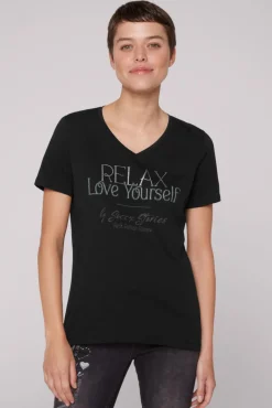 Cheap CAMP DAVID & SOCCX T-Shirt mit V-Ausschnitt und Glitter Wording black