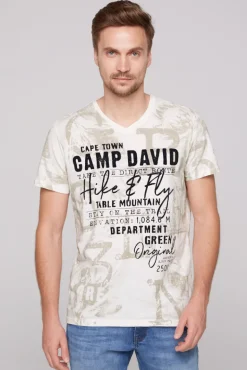 Cheap CAMP DAVID & SOCCX T-Shirt V-Neck mit All Over Print ivory